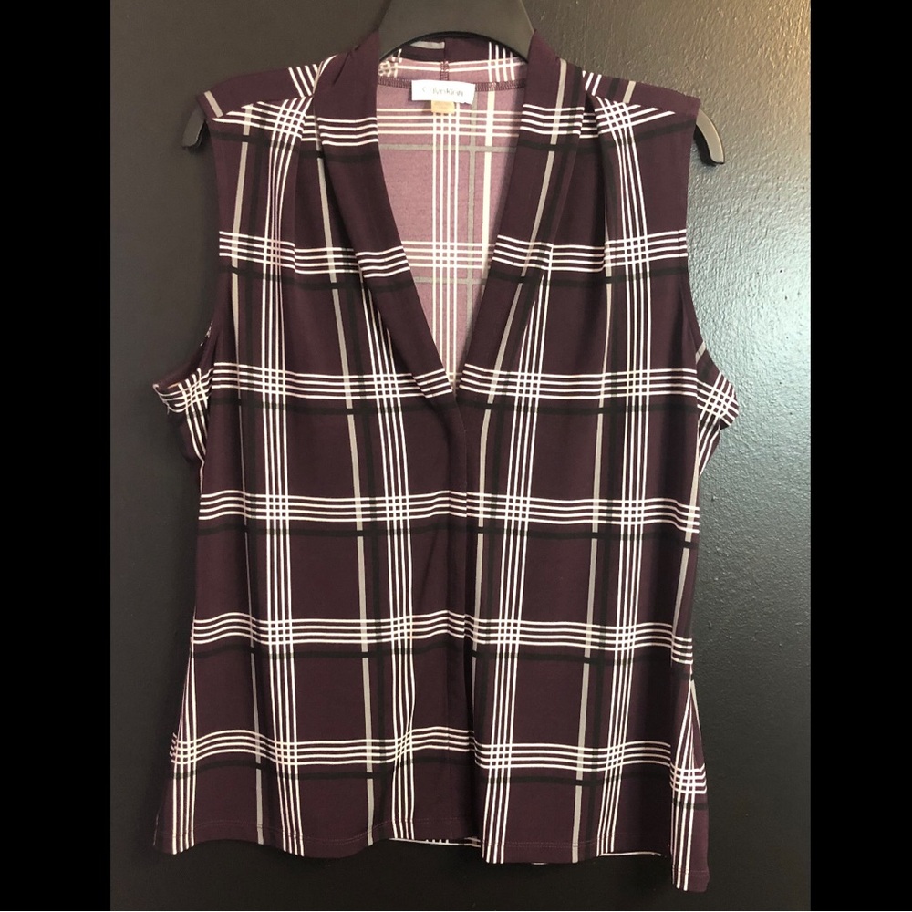 Calvin Klein Plum Purple Sleeveless Plaid V-Neck Top
